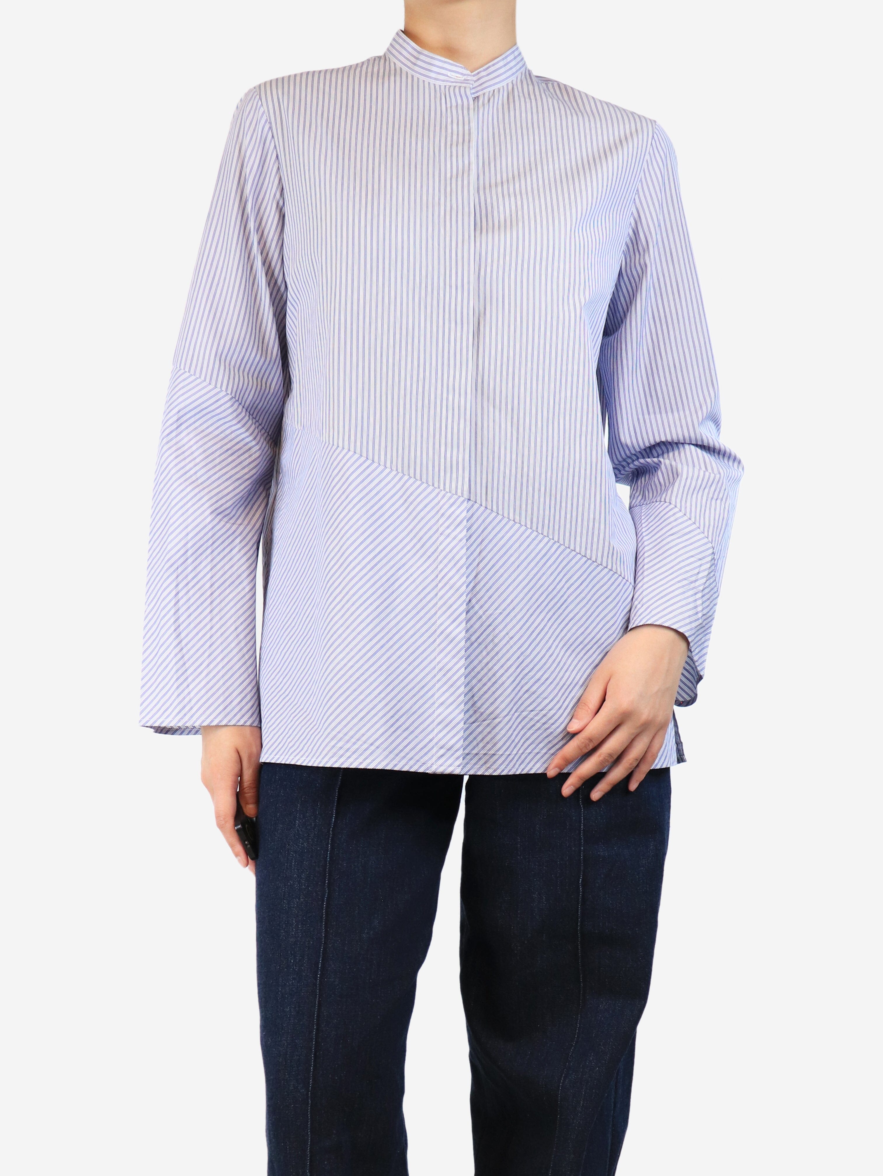 Blue Striped Mandarin Collar Shirt - Size UK 12 - Elegant Casual Wear for Work & Social Events
