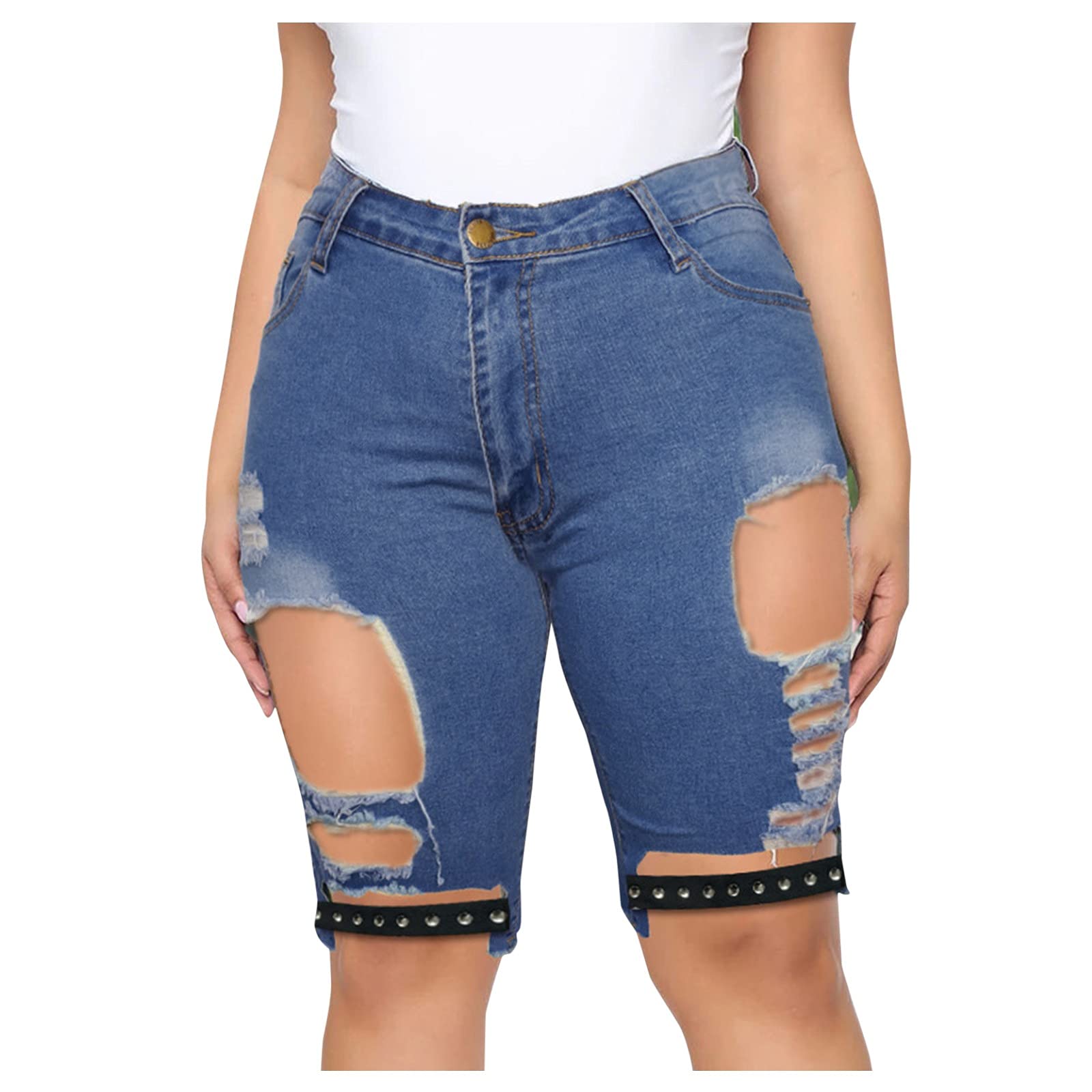 Distressed Ripped Jeans Shorts for Women - Stretchy Denim Elastic Plus Size Pants | Perfect for Casual Outfits, Summer Wear & Street Style Fashion