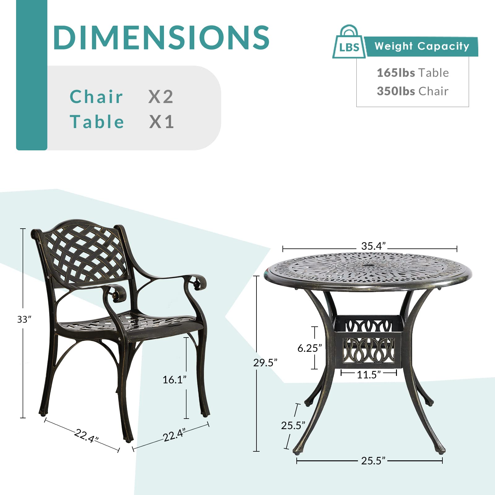 MEETWARM 3-Piece Outdoor Patio Bistro Set - All-Weather Cast Aluminum Dining Table with 2 Chairs & 35.4