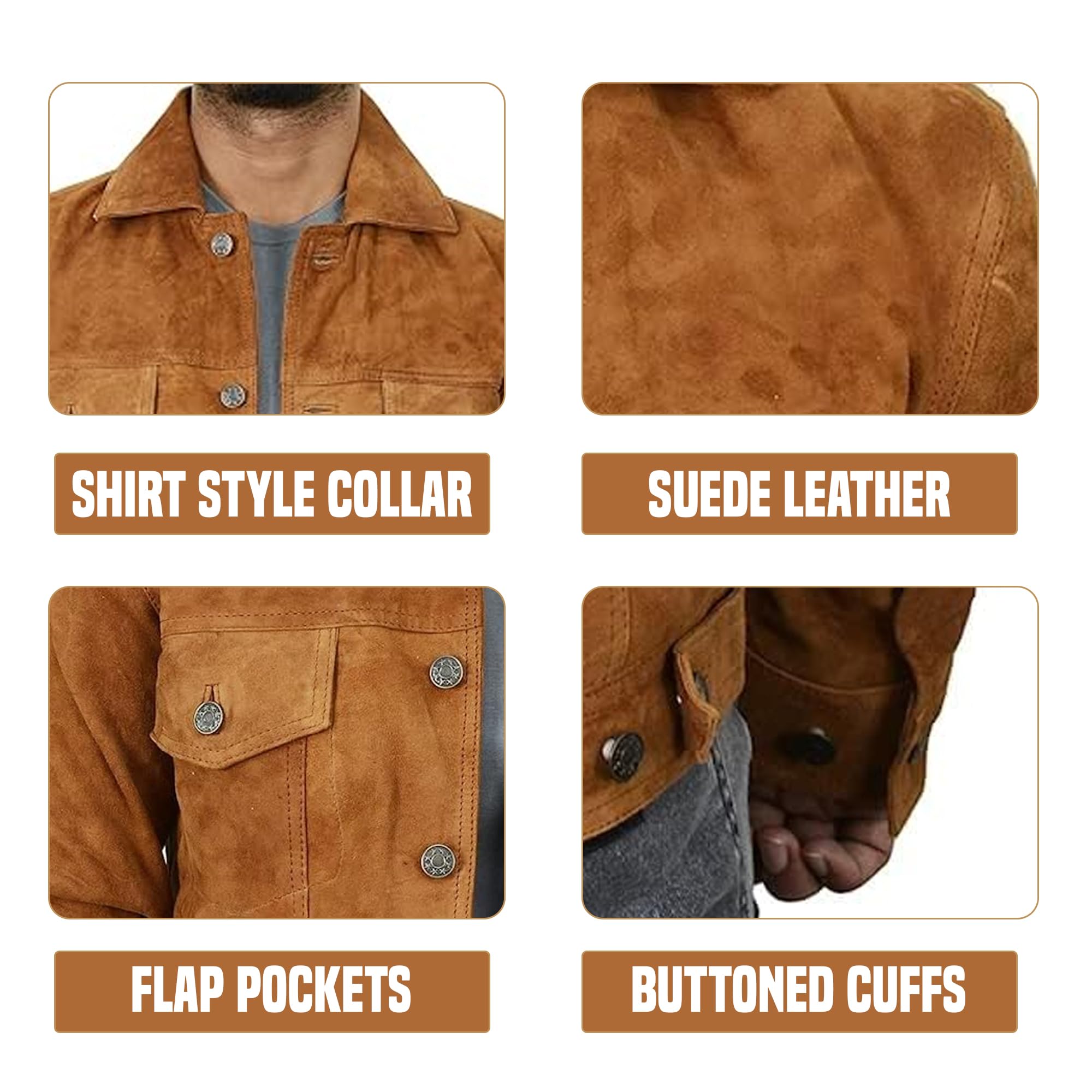 Genuine Suede Leather Jacket for Men - Slim Fit Classic Trucker Coat in Camel Brown (XS) | III-1001 | Perfect for Casual Outings, Date Nights & Motorcycle Rides