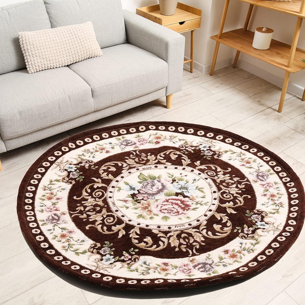 5ft Floral Round Area Rug - Non-Slip Machine Washable Traditional Rug for Living Room, Bedroom & Kitchen - Sustainable Classic Home Decor - Brown Soft Floor Mat for Cozy Interior Design