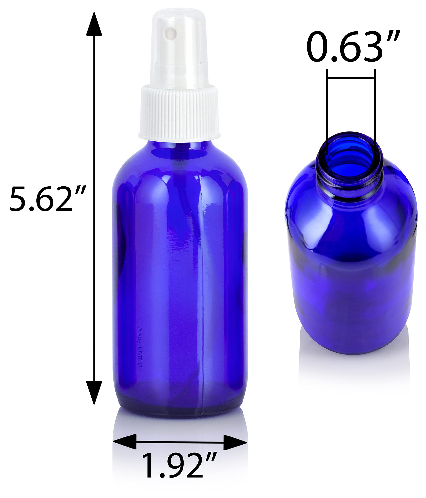 JUVITUS 4 oz Cobalt Blue Glass Boston Round Bottle with White Fine Mist Spray (12 Pack) + Funnel - Perfect for Essential Oils, Perfumes, DIY Beauty & Cleaning Solutions