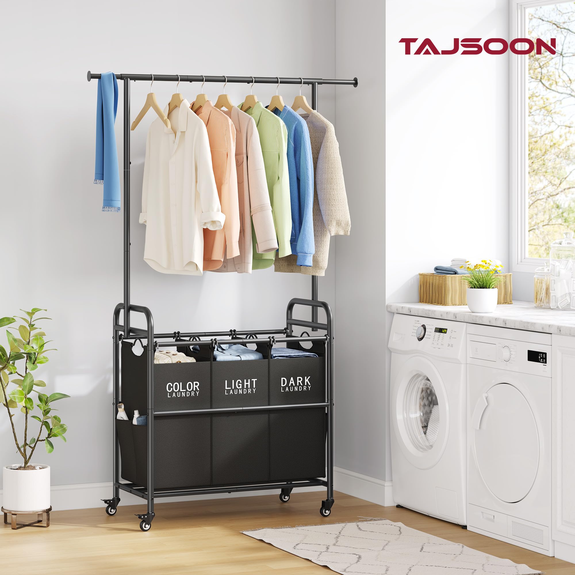 Tajsoon 3-Section Laundry Sorter Cart with Hanging Rack & Lockable Wheels - Heavy Duty Rolling Laundry Hamper for Bedroom, Closet, or Laundry Room Organization (Black)