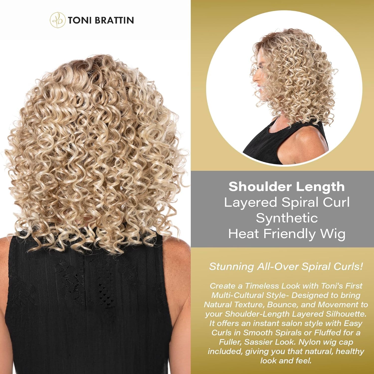 Toni Brattin Irresistible Lace Front Wig - Natural Looking Multi-Cultural Shoulder Length Human Hair Wig with Soft Curls | Heat-Friendly Synthetic Fiber | Adjustable Cap for Comfort (Light Grey) | Perfect for Daily Wear, Cosplay & Special Occasions