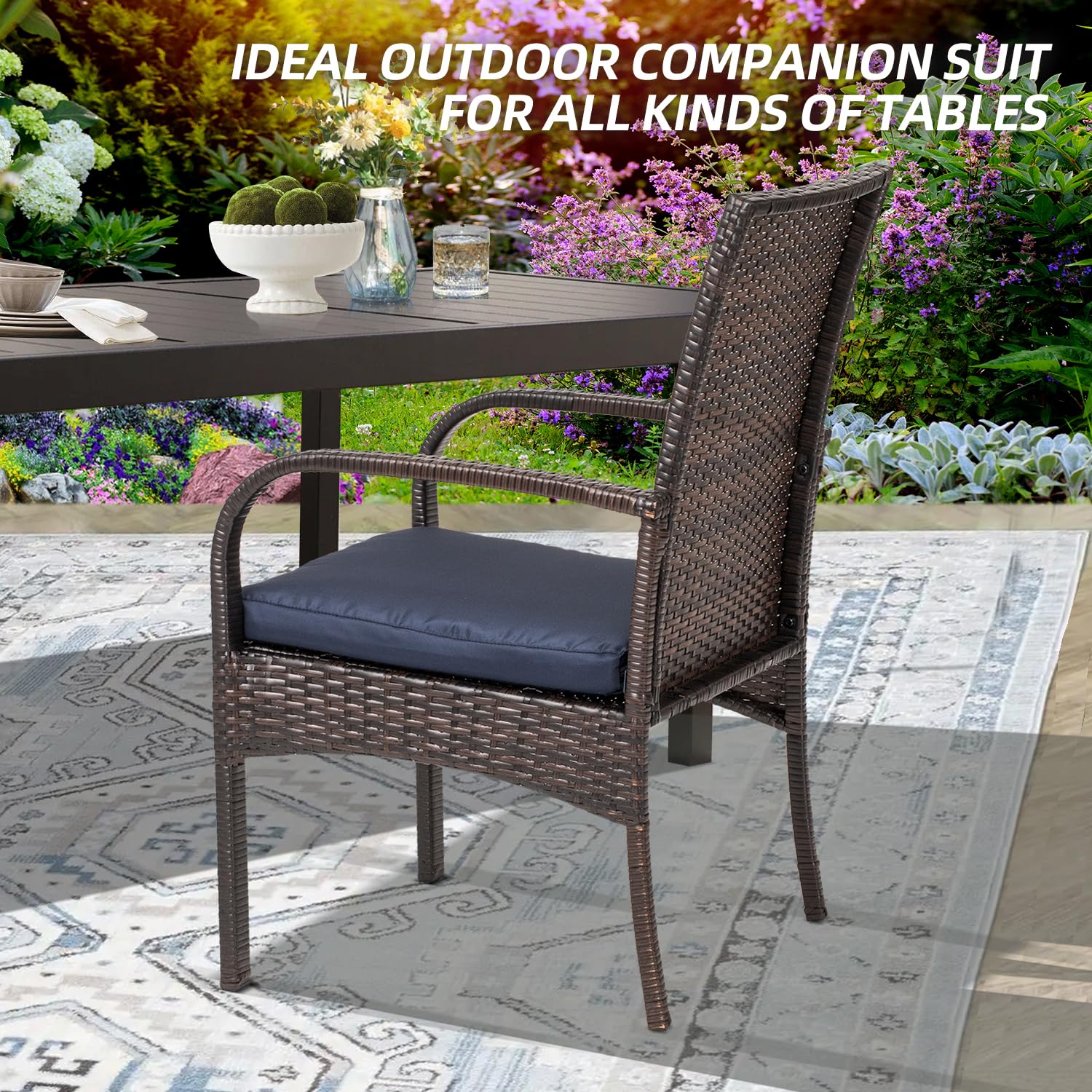 4 Pcs Wicker Patio Dining Padded Cushions - Outdoor Rattan Chairs with Armrest Support (350 lb Capacity, Brown) - Perfect for Backyard, Garden, and Poolside Relaxation