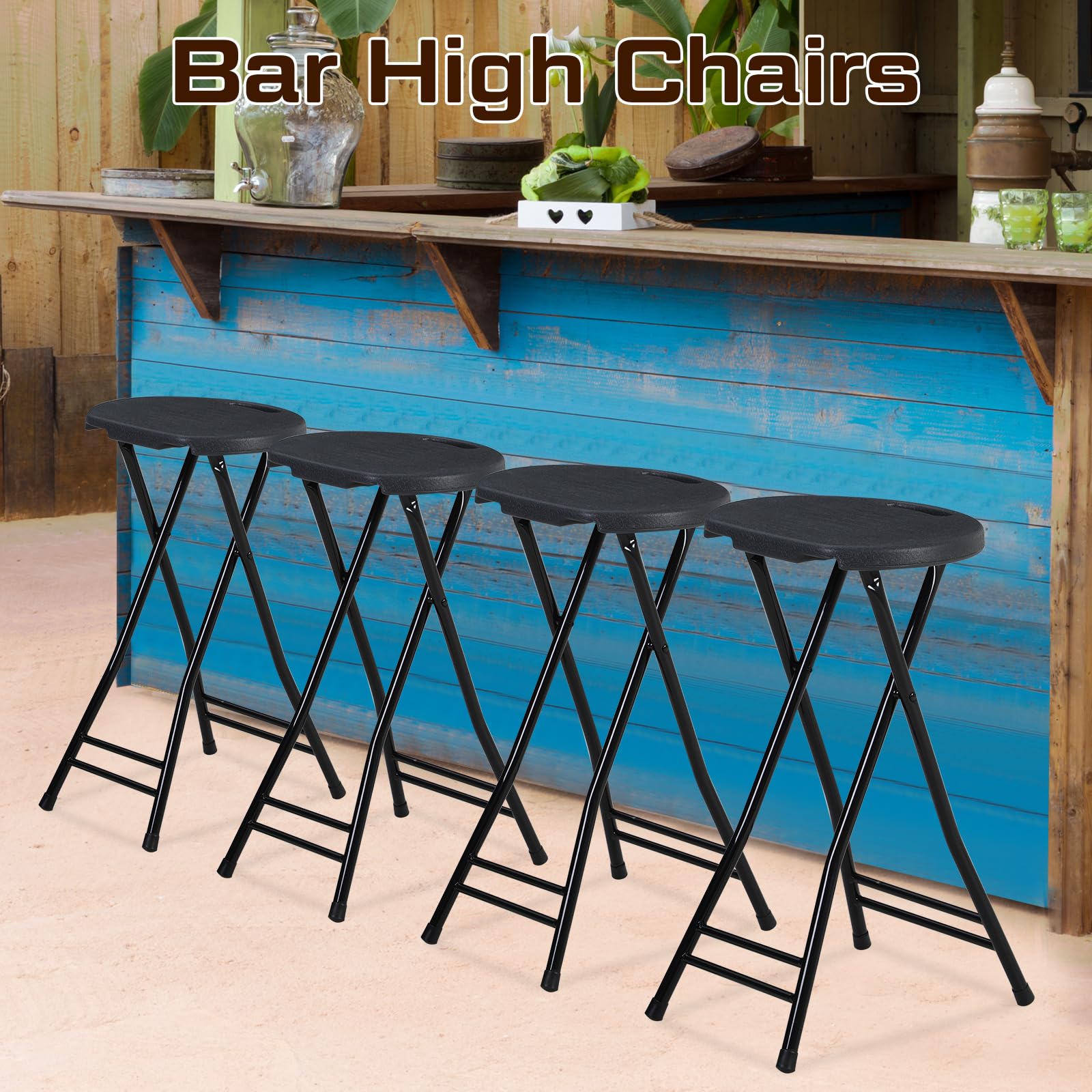 Suzile 2 Pack 24 Inch Folding Stool - Heavy Duty 300lbs Capacity Portable Plastic Bar Stool with Handle for Kitchen, Counter, Camping, Indoor & Outdoor Use (Black)