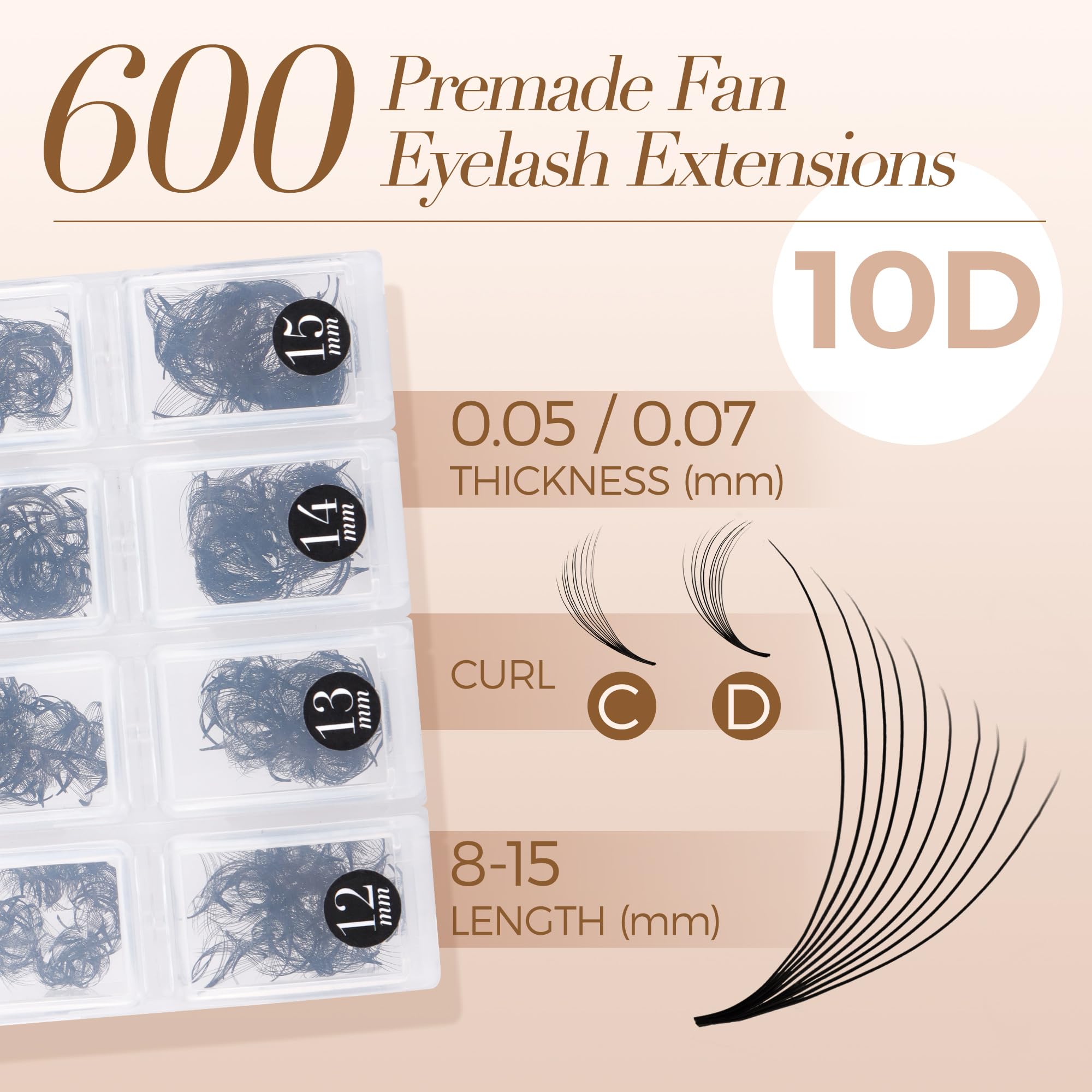 LASHVIEW 600 Pre Made Eyelash Extensions - 10D D Curl, 0.07mm Premade Volume Fans, 8-15mm Mixed Lengths for Professional Lash Artists | Perfect for Bridal, Party & Special Occasion Makeup