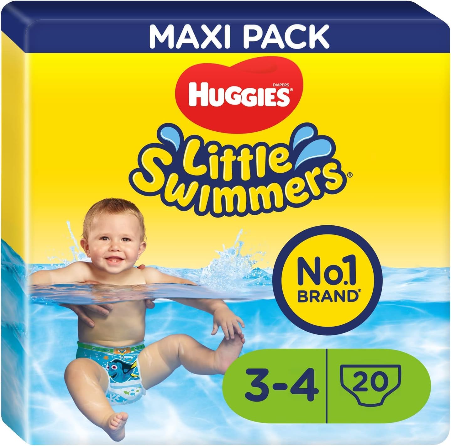 HUGGIES Little Swimmers Disposable Swim Diapers MAXIPACK Size 3/4 (7-15kg) - 20 Count, Leak-Proof Protection with Flexible Waistband, Perfect for Baby's First Swim Lessons & Pool Time