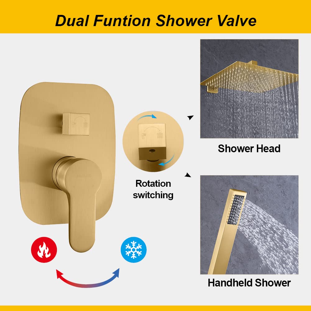Solid Brass Wall Mounted Shower Faucet Set with Handheld Shower - Modern Single Handle Bathroom Tub Filler in Brushed Gold Finish | Perfect for Luxury Bathroom Renovations & Spa-Like Shower Experience