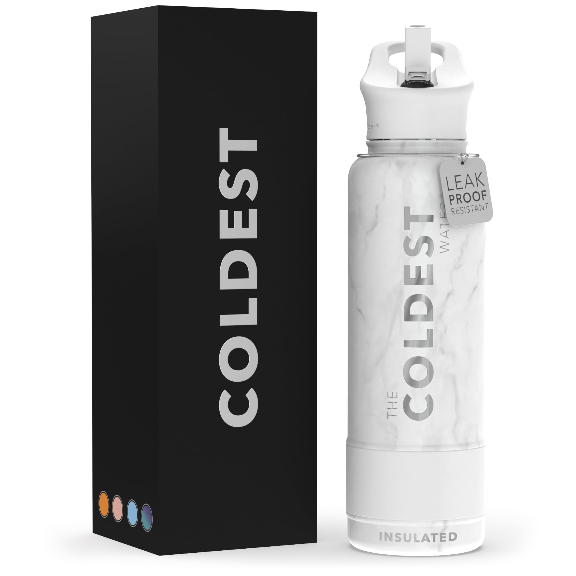 Coldest Sports Water Bottle 40oz with Straw Lid - Vacuum Insulated Stainless Steel Thermos - Leak Proof & Reusable Gym Bottle for Workout, Hiking & Outdoor Activities (Carrara Marble Design)