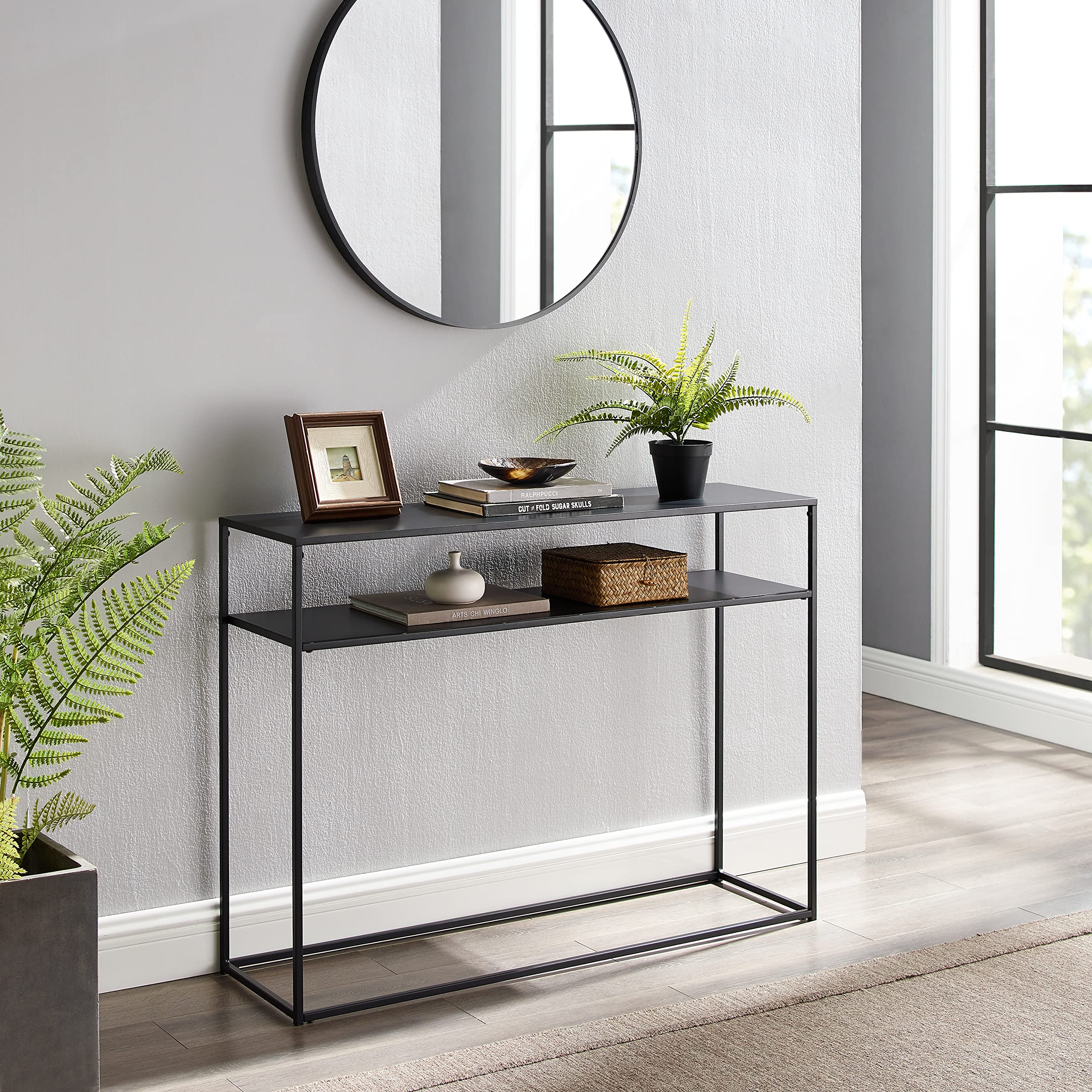 Crosley Furniture Braxton Sofa Console Table with Storage Shelf - Hallway, Entryway, Living Room Accent Table - Matte Black Finish for Modern Home Decor