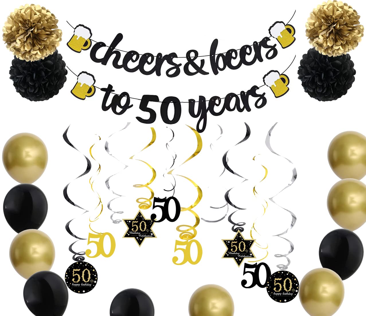 50th Birthday Party Decorations Set - Cheers & Beers to 50 Years Banner, Gold & Black Hanging Swirls, Paper Pom Poms & Latex Balloons - Perfect for Milestone Birthday Celebrations, Anniversary Parties & Retirement Decorations