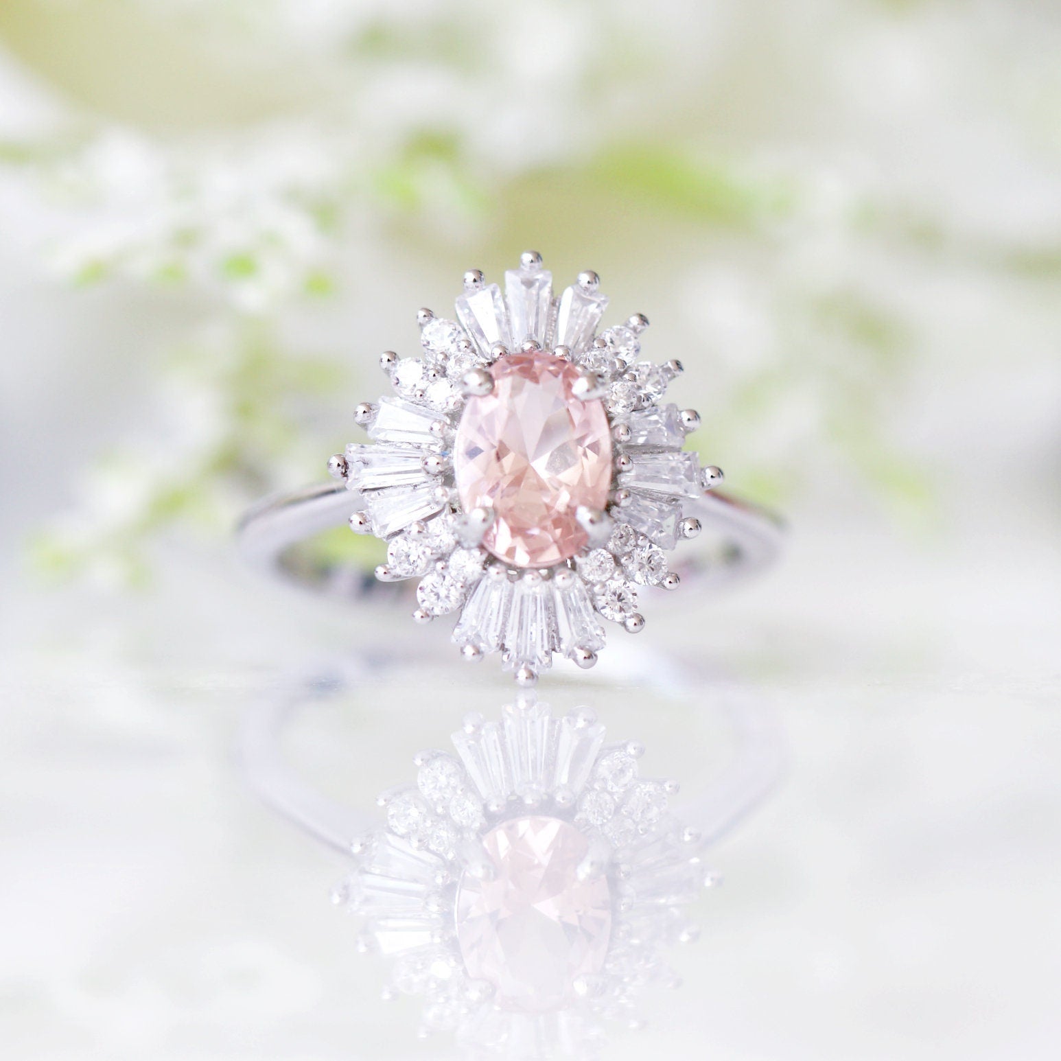 Victoria Morganite Ring Sterling Silver - Elegant Pink Gemstone Jewelry for Women, Perfect for Engagement, Wedding & Anniversary Gifts