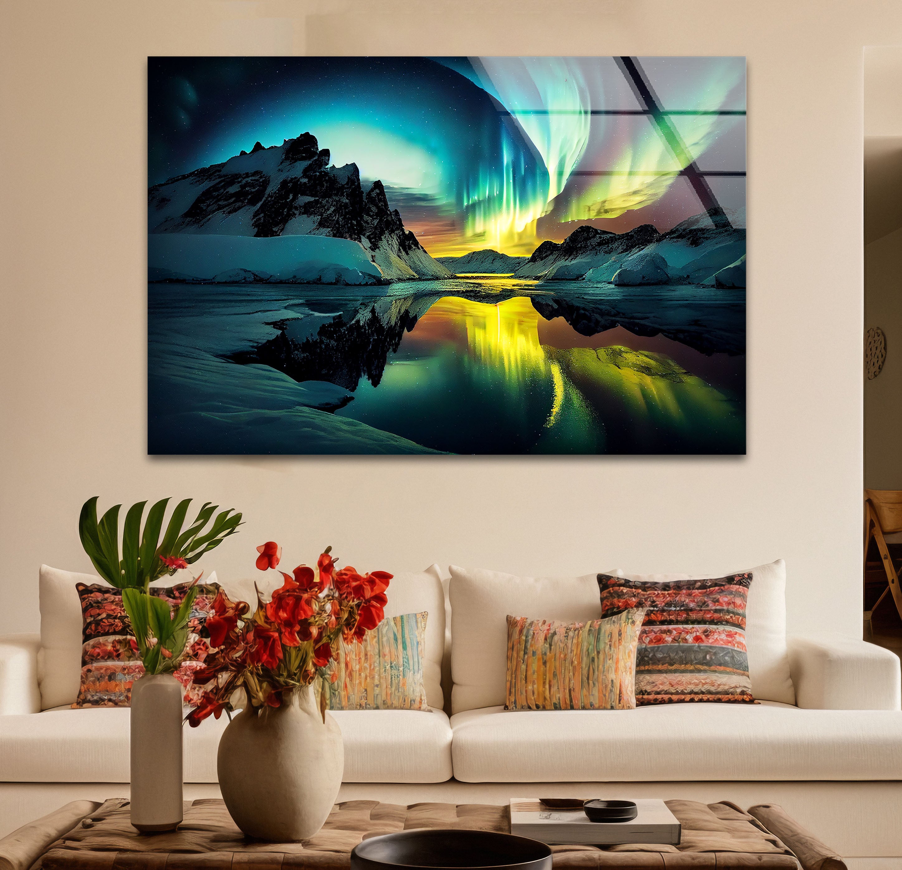 Aurora Borealis Glass Wall Art – Stunning Northern Lights Over Arctic Mountains – Perfect for Living Room, Bedroom & Office Decor