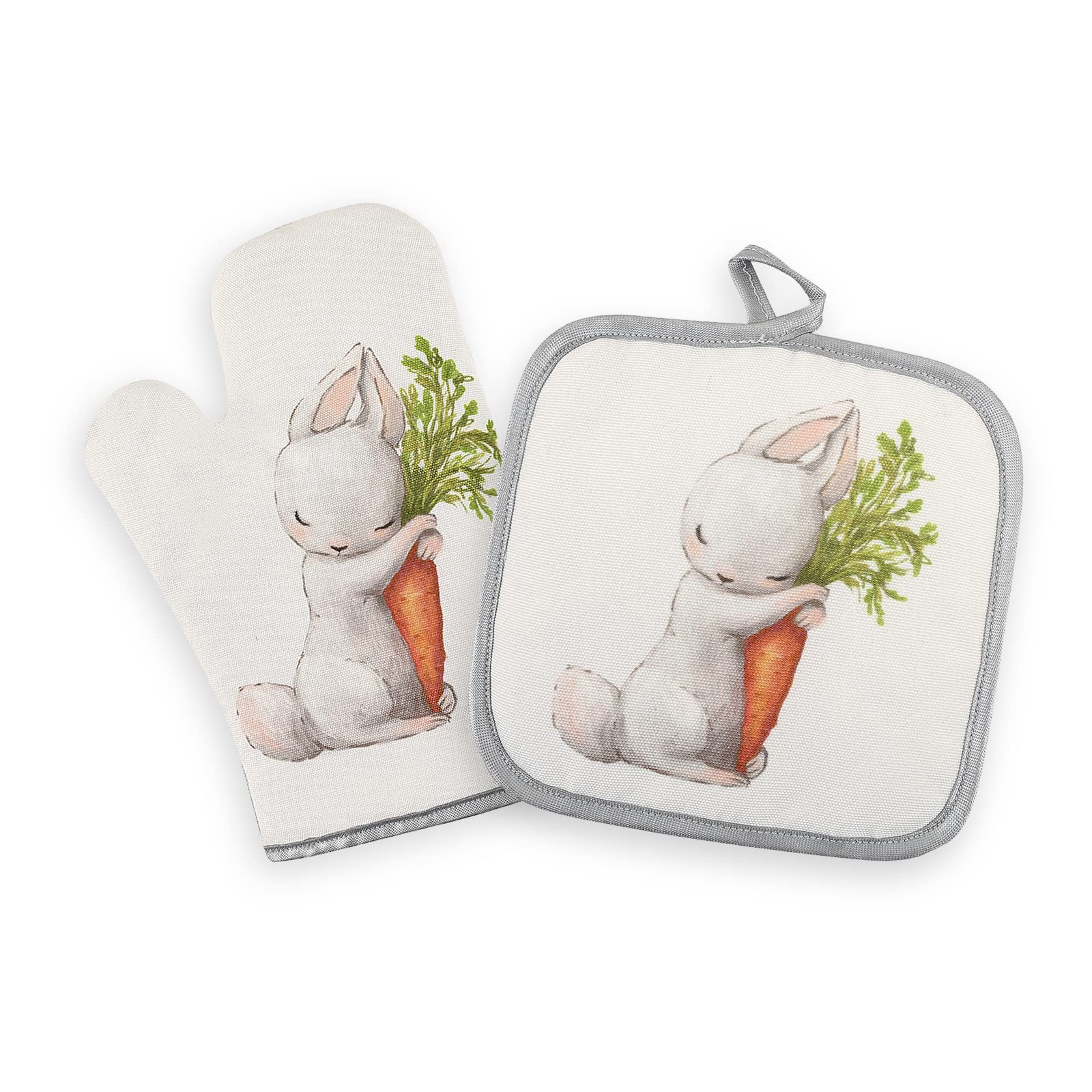 Heat Resistant Oven Mitts and Pot Holders Set - Cute Bunny Rabbit Print Kitchen Gloves for Cooking, Baking, Grilling - Easter Gifts for Women & Home Chefs - Perfect for Holiday Baking, BBQ, and Everyday Kitchen Use