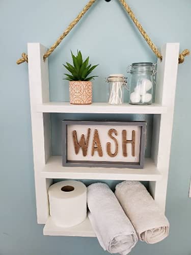Rustic Farmhouse Rope Hanging Ladder Shelf - Bathroom & Home Decor for Storage and Display | Perfect for Towels, Blankets, and Decorative Items