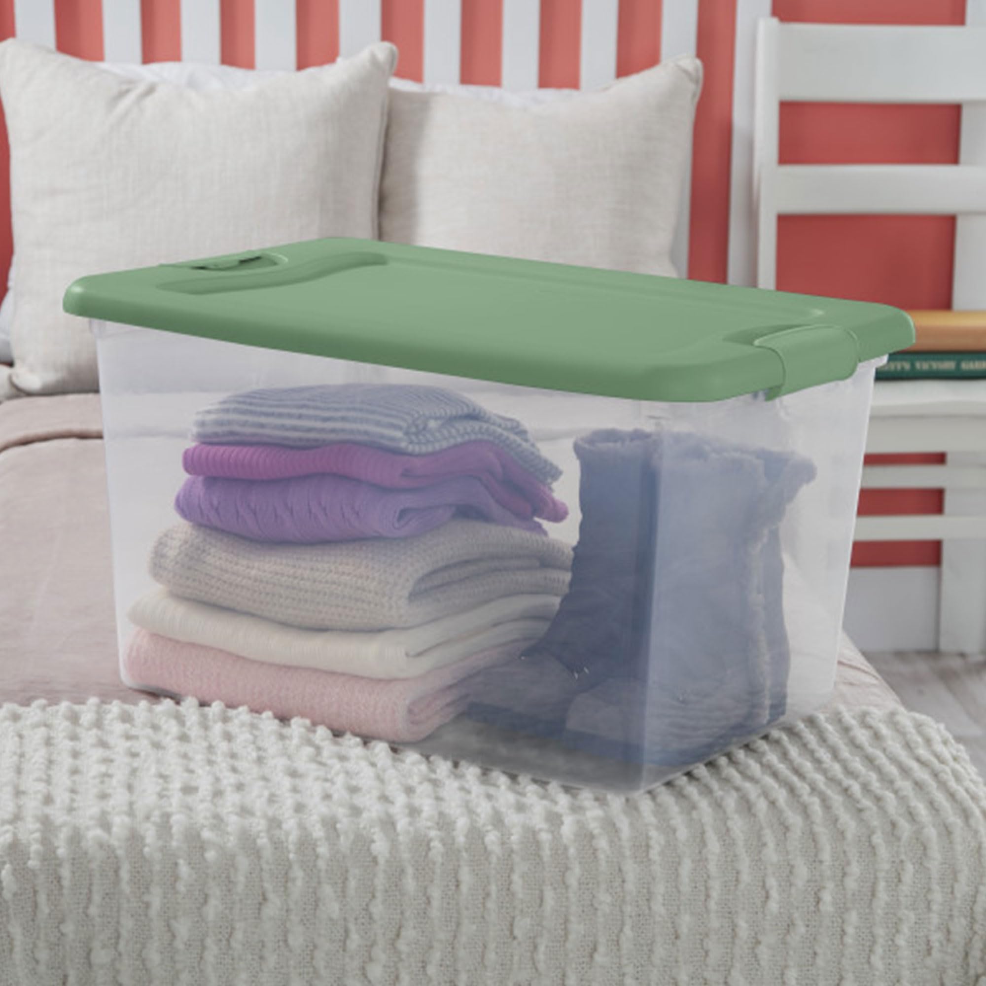Sterilite 18-Pack 64 Qt Clear Plastic Storage Bins - Stackable Closet Organizers with Latching Lids for Home, Office & Garage Organization (Green)