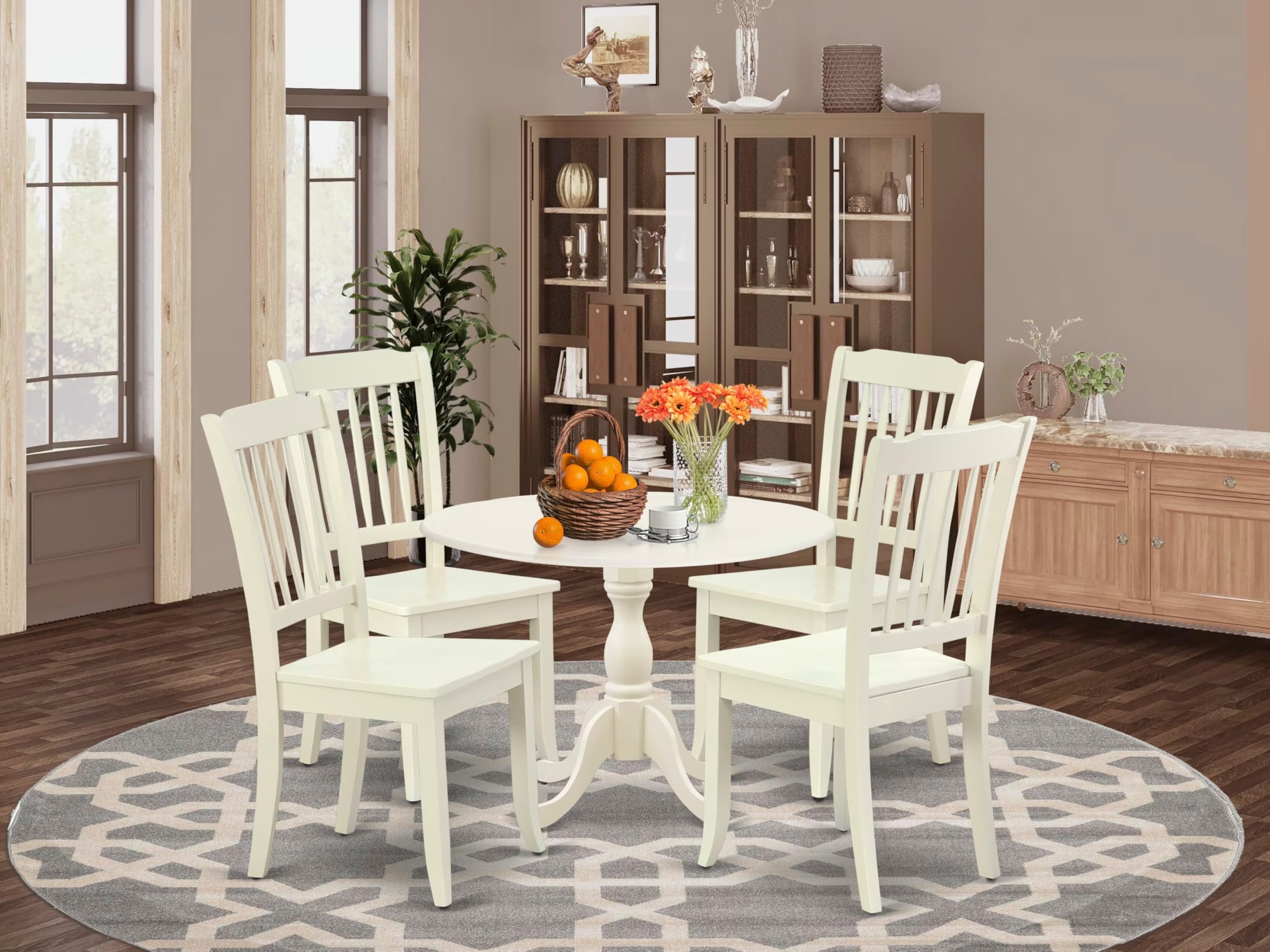 Modern 5-Piece Dining Table Set with Round Wooden Drop-Leaf Table & 4 Chairs - 42x42 Inch, Linen White - Perfect for Small Spaces, Breakfast Nooks & Cozy Family Meals