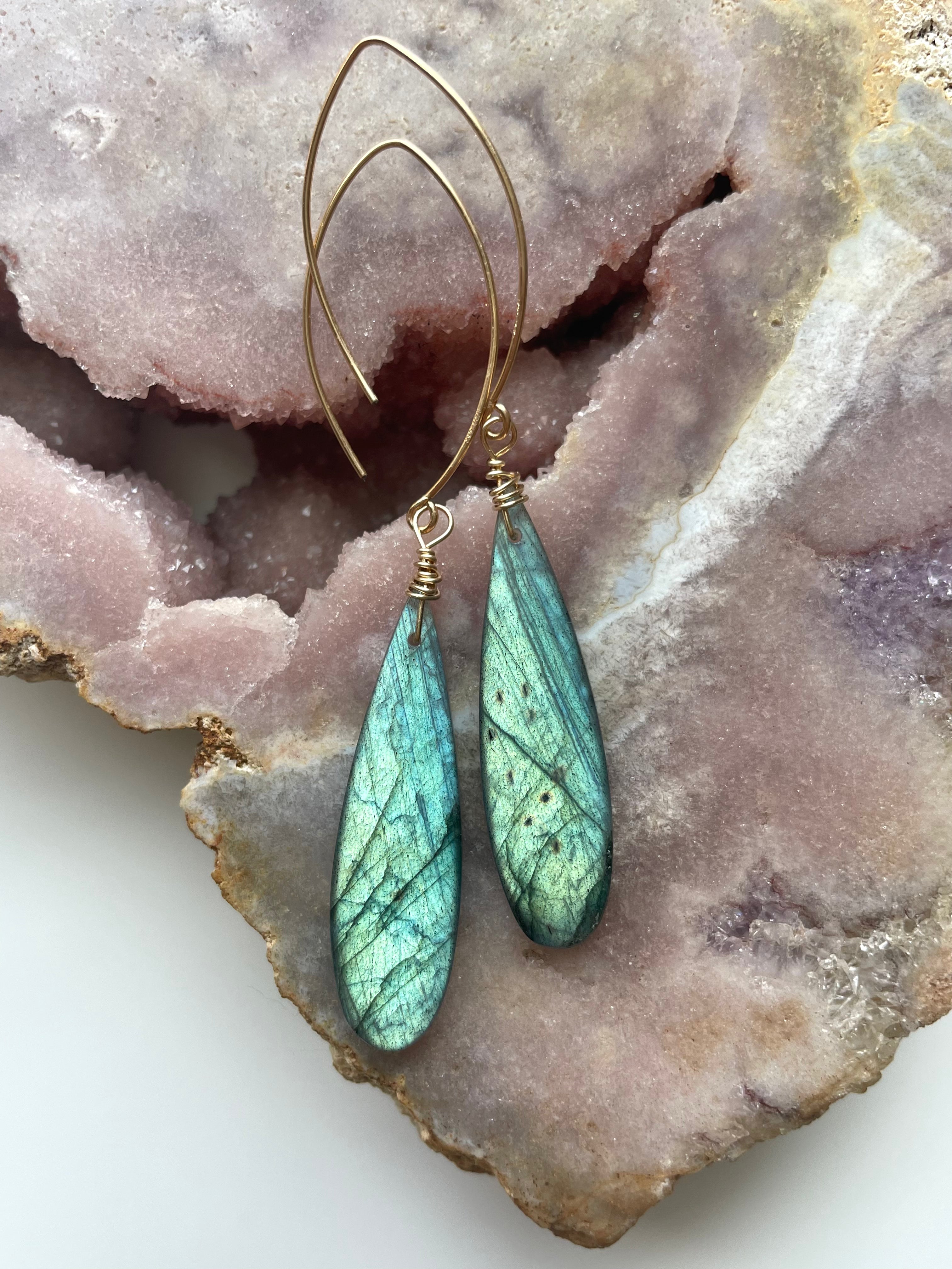 Gold Labradorite Dangle Drop Crystal Earrings for Women | Elegant Gemstone Jewelry Gift for Birthday, Party & Special Occasions