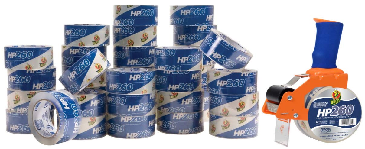 Duck HP260 Heavy Duty Clear Packing Tape - 36 Rolls (1.88 in x 60 yd Each) with BladeSafe Tape Gun (BND02378) for Shipping, Moving & Storage | Strong Adhesive for Box Sealing & Packaging