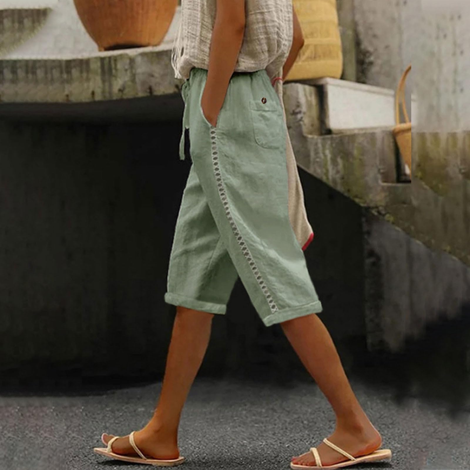 2024 Summer High Waisted Bermuda Shorts for Women - Cotton Linen Blend, Drawstring Waist, Knee Length Casual Workout Shorts for Yoga, Running, and Outdoor Activities