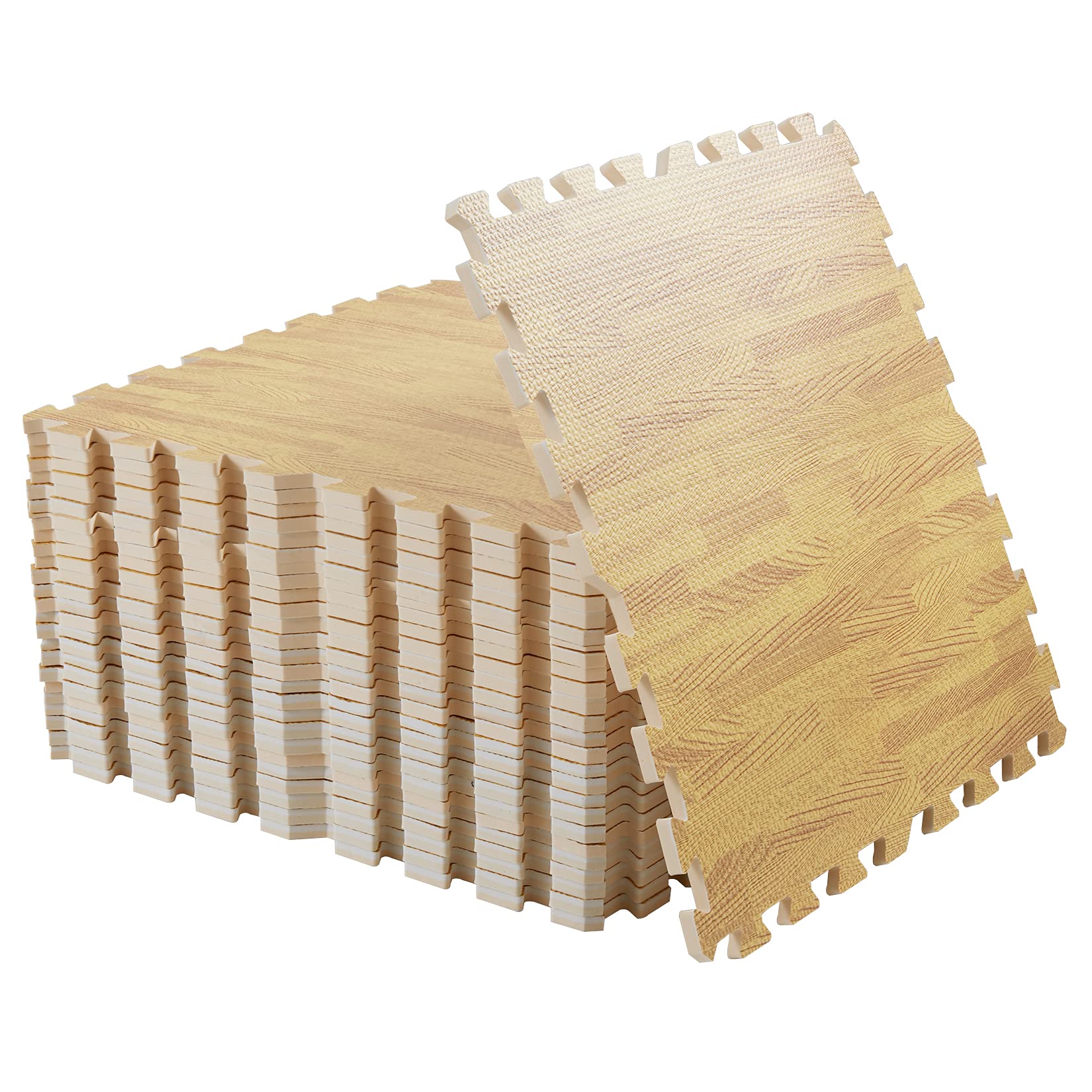 LUVODI 24-Piece EVA Foam Puzzle Mat - 60 x 60 cm Non-Slip Wood Grain Rubber Flooring for Baby Playroom, Home Gym & Kids Play Area - Light Brown Interlocking Tiles for Safe Crawling & Exercise