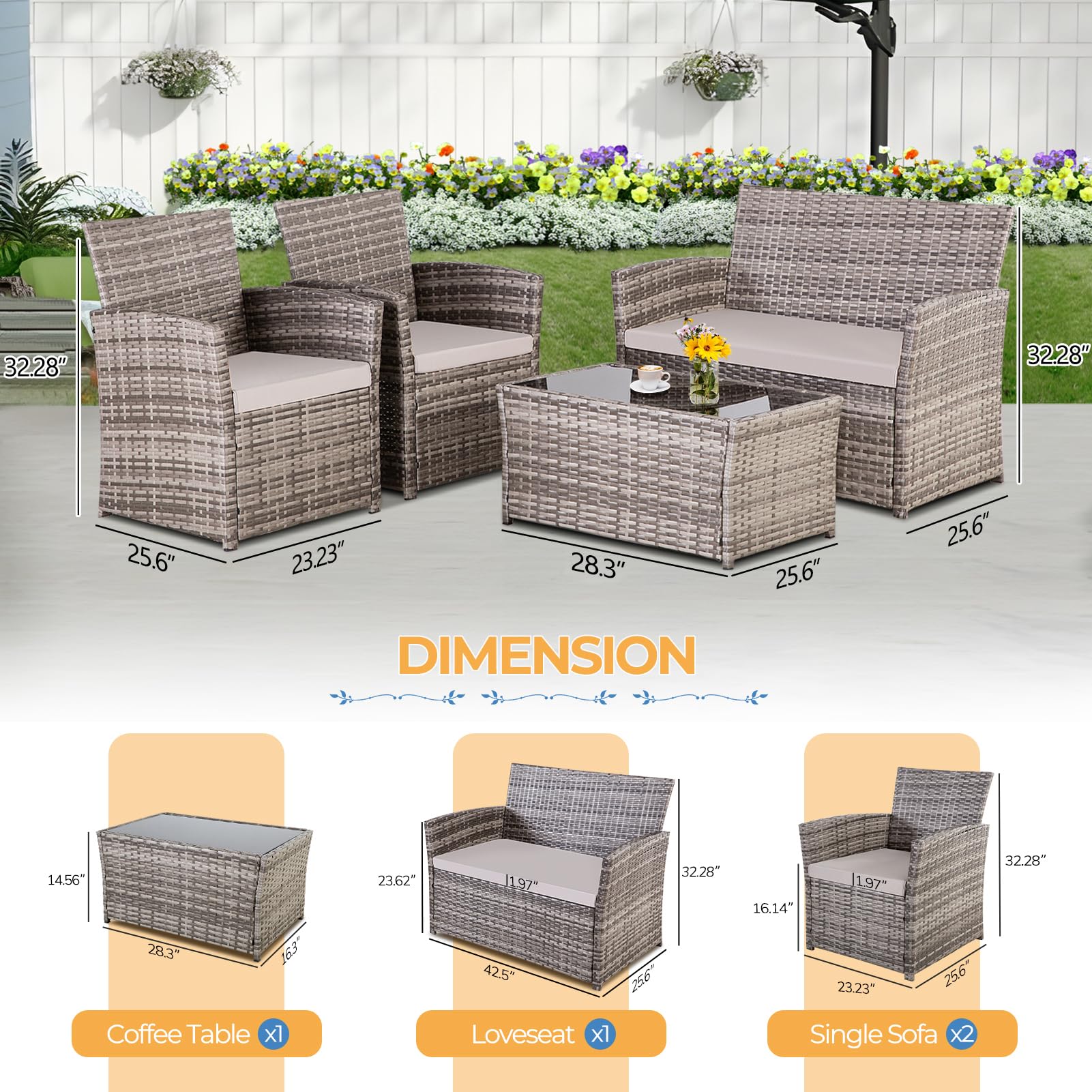 4-Piece Outdoor Patio Furniture Set - All-Weather Wicker Sectional Sofa with Rattan Coffee Table, Chairs & Loveseat - Gray Cushioned Seating for Balcony, Porch, Backyard & Garden Relaxation