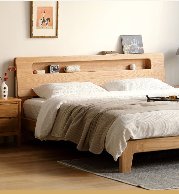 Solid Oak and Beech Wood Bed with Built-in LED Lights and Bookshelf - Modern Bedroom Furniture for Small Spaces, Lofts, and Studio Apartments