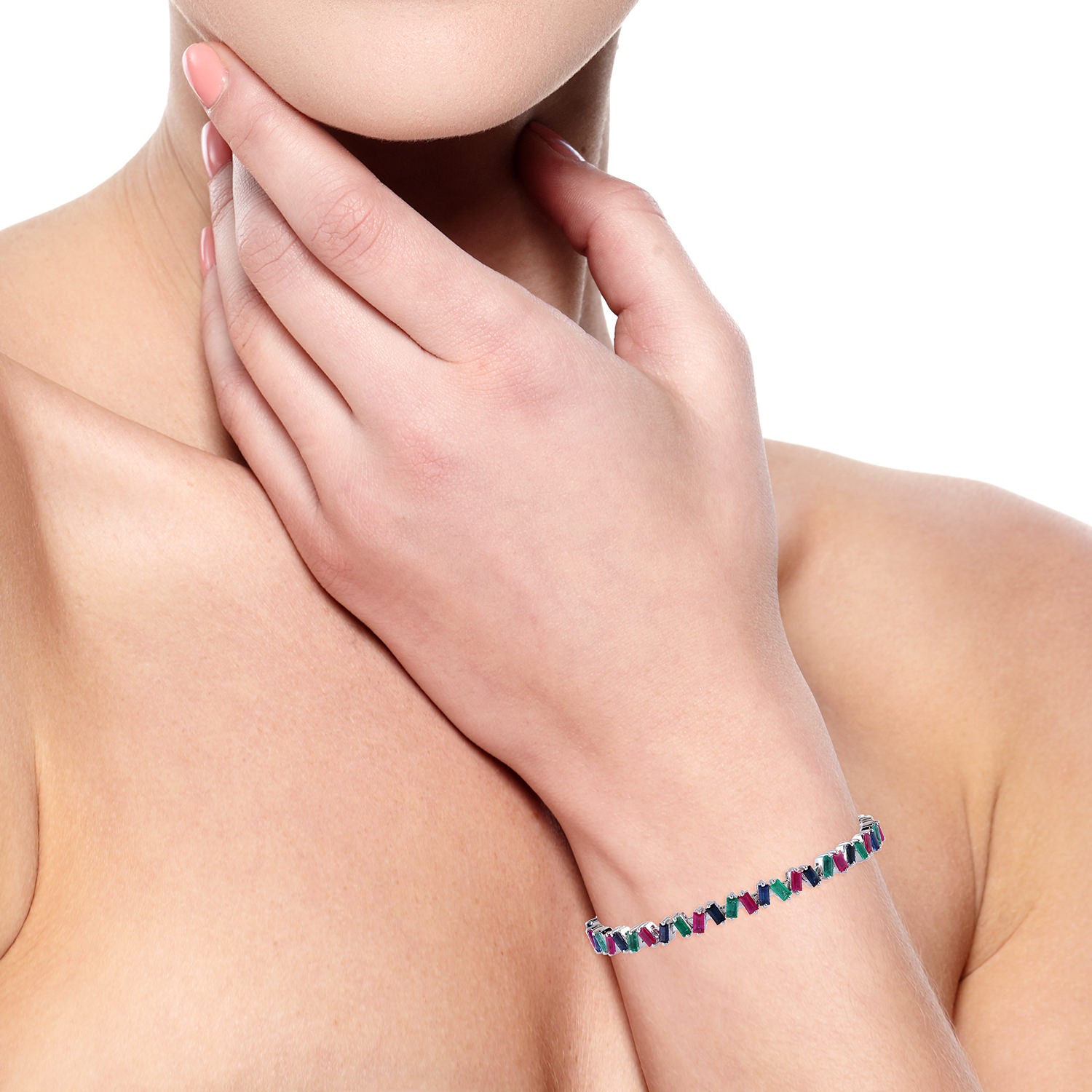 18K White Gold Baguette Ruby Blue Sapphire Emerald Open Cuff Bracelet for Women - Perfect for Weddings, Anniversaries & Special Occasions