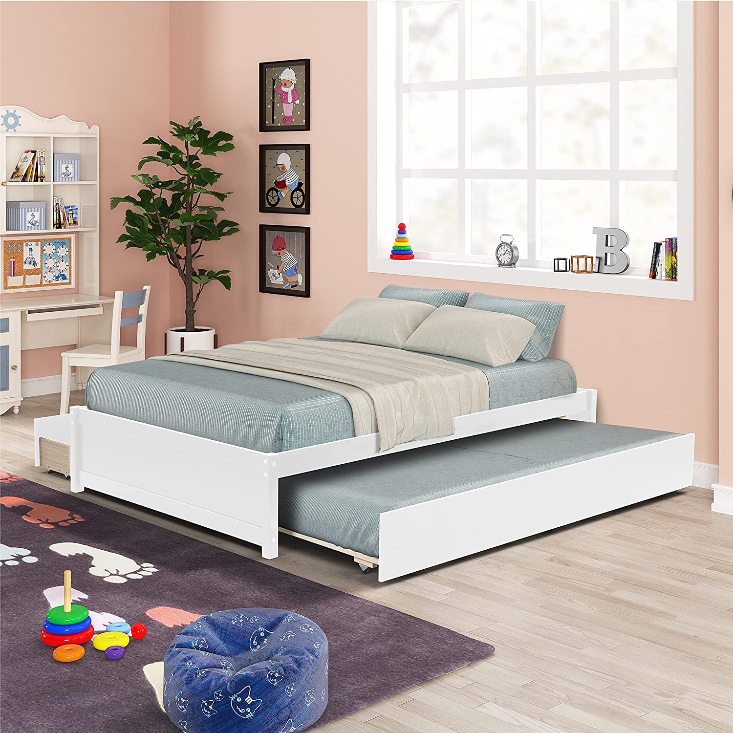 Rophefx Solid Wood Full Size Platform Bed with Twin Trundle & 2 Drawers - Kids Bedroom Furniture for Small Spaces, Guest Room & Sleepovers (White)