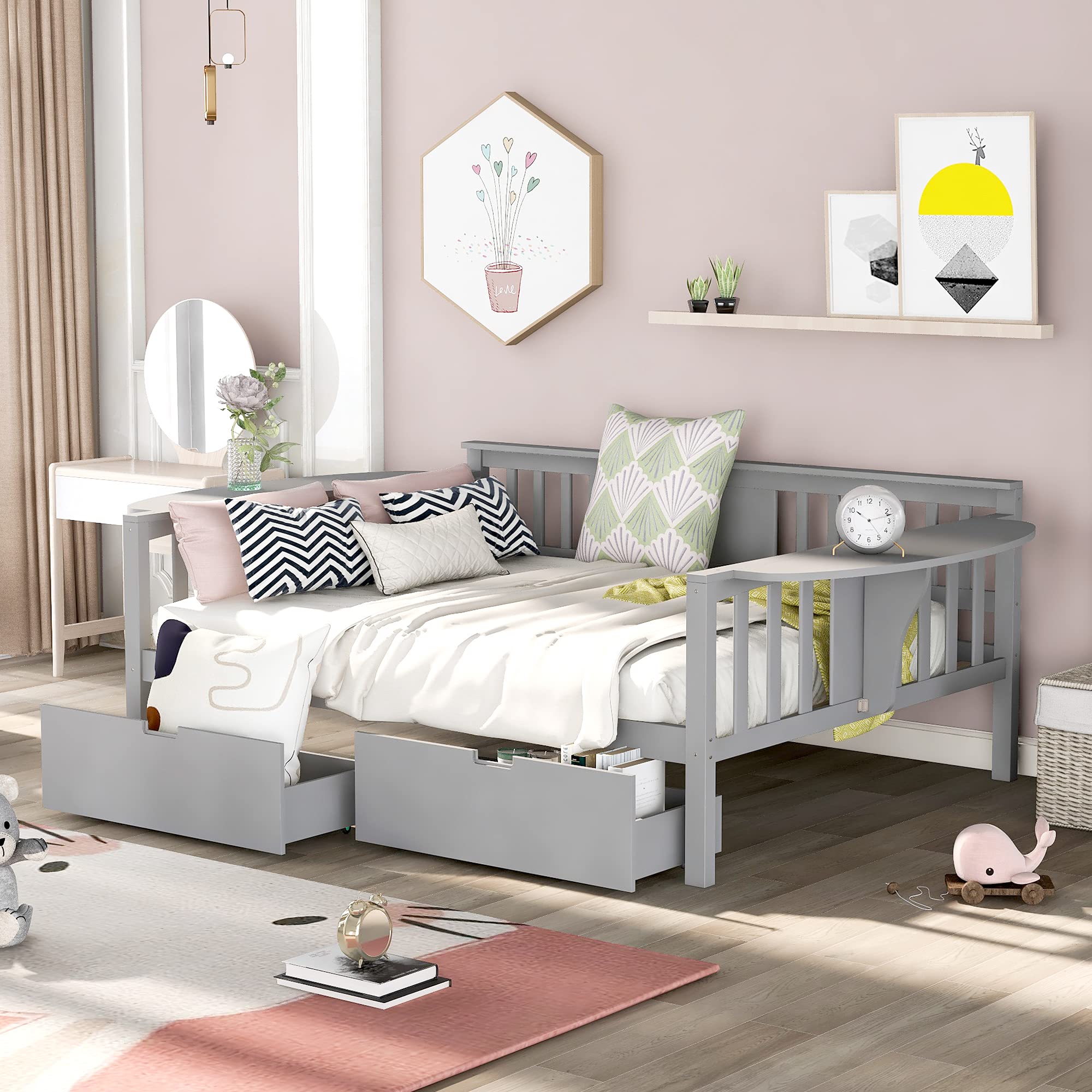 Full Size Daybed with 2 Drawers & Wood Slat Support - Gray Upholstered Sofa Bed for Guest Room, Home Office & Small Spaces