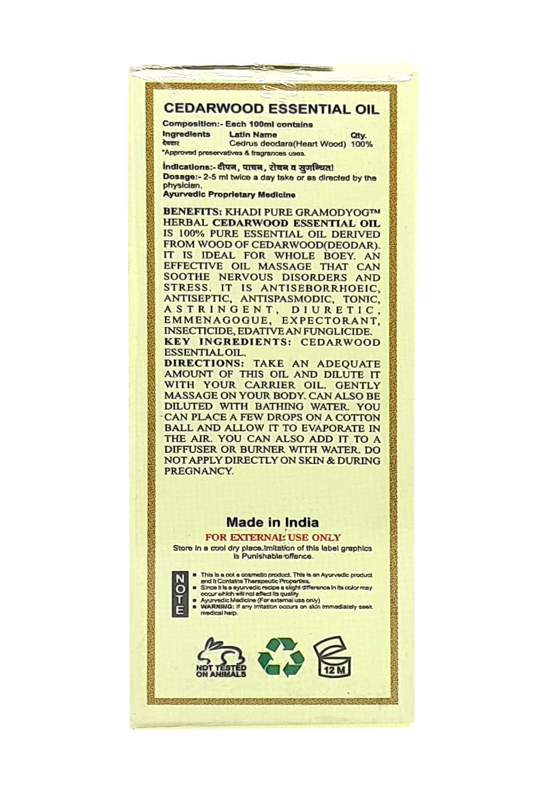 Khadi Pure Herbal Cedarwood Essential Oil 15ml - Natural Aromatherapy Oil for Relaxation & Stress Relief | Perfect for Diffusers, Massage & Skin Care