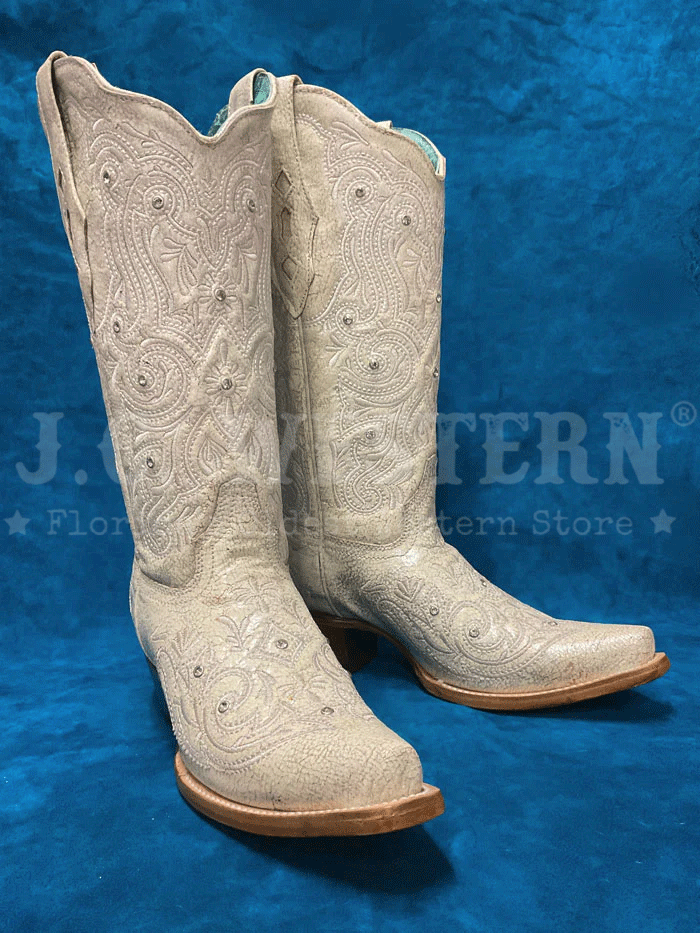 Corral Z5123 Women's Embroidered & Crystal Western Boots in Bone - Perfect for Country Dancing, Rodeos, and Western Fashion