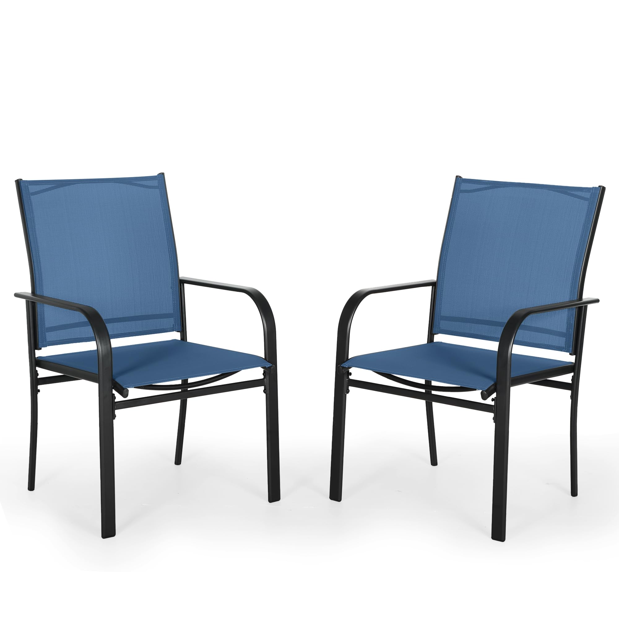 Outdoor Wrought Iron Dining Chairs Set of 2 - Patio Textilene High Back Chairs with Armrests, Durable Metal Frame Furniture for Yard, Deck, Backyard, Lawn & Poolside - Perfect for Outdoor Dining, Lounging & Entertaining (Dark Blue)