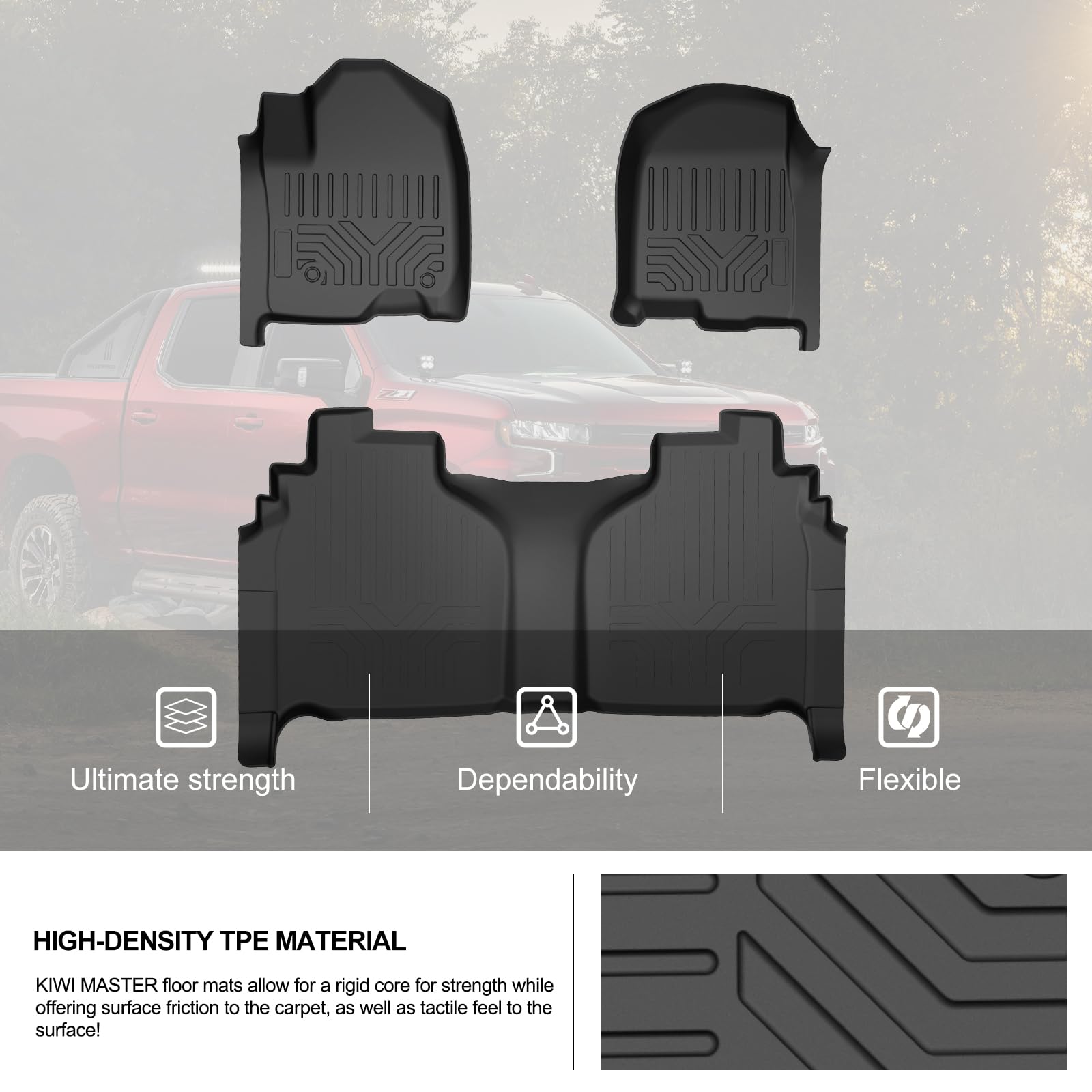 KIWI MASTER All-Weather Floor Mats for 2019-2025 Chevy Silverado & GMC Sierra 1500/2500 HD/3500 HD Crew Cab - Heavy Duty TPE Slush Liners (Black) - Perfect for Winter, Off-Road & Everyday Protection