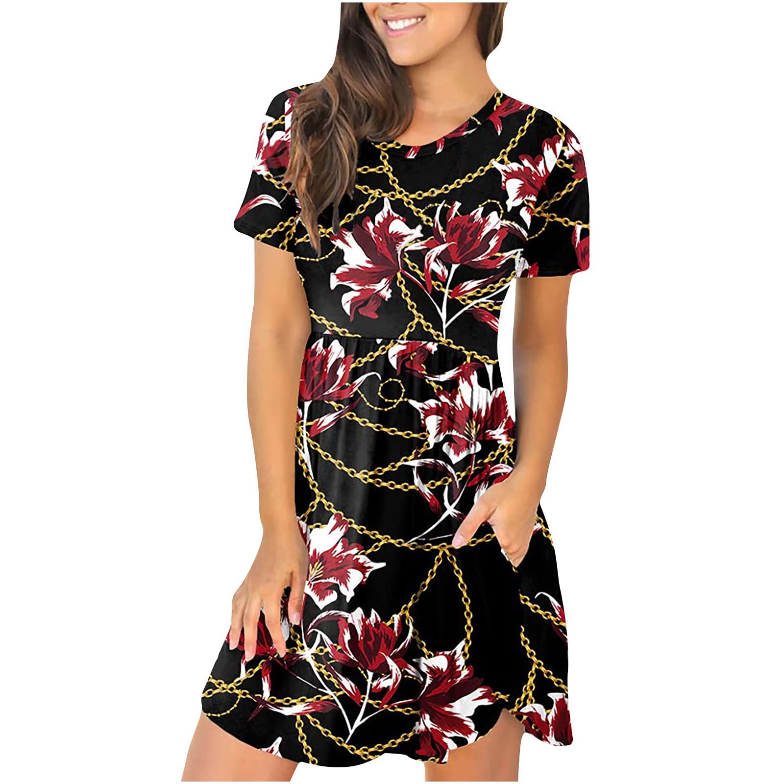 Women's T-Shirt Dress with Fashion Print Pocket - Round Neck Short Sleeve Summer Dress - Casual Mini Dress with Empire Waist for Beach, Vacation & Everyday Wear