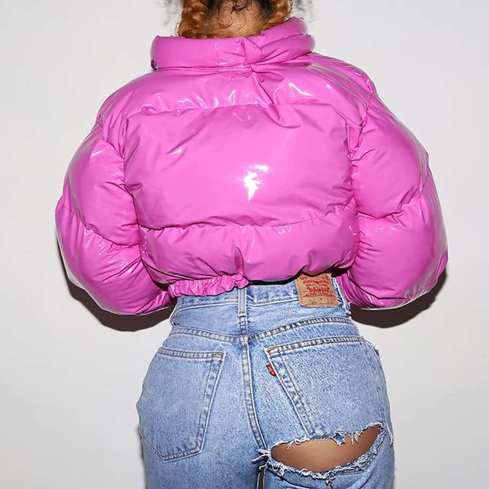 Women's Winter Cropped Puffer Jacket with Sequins - Y2K Style Down Parka, Lightweight Puffy Bubble Coat for Women (Pink, Size S) | Perfect for Casual Outfits, Streetwear Fashion & Cold Weather Protection