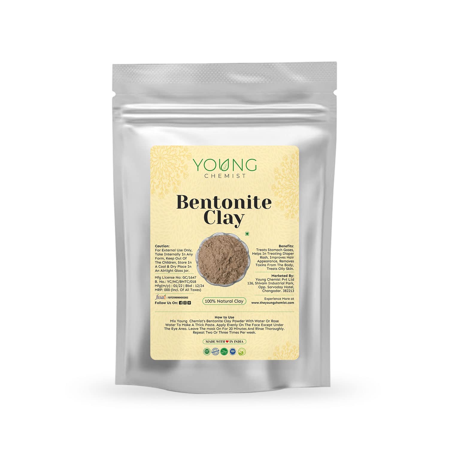 Young Chemist Calcium Bentonite Clay Powder - 100% Natural, Paraben-Free Detoxifying Facial & Hair Mask for All Skin Types (500g) | Deep Cleansing, Acne Treatment & Skin Rejuvenation at Home Spa