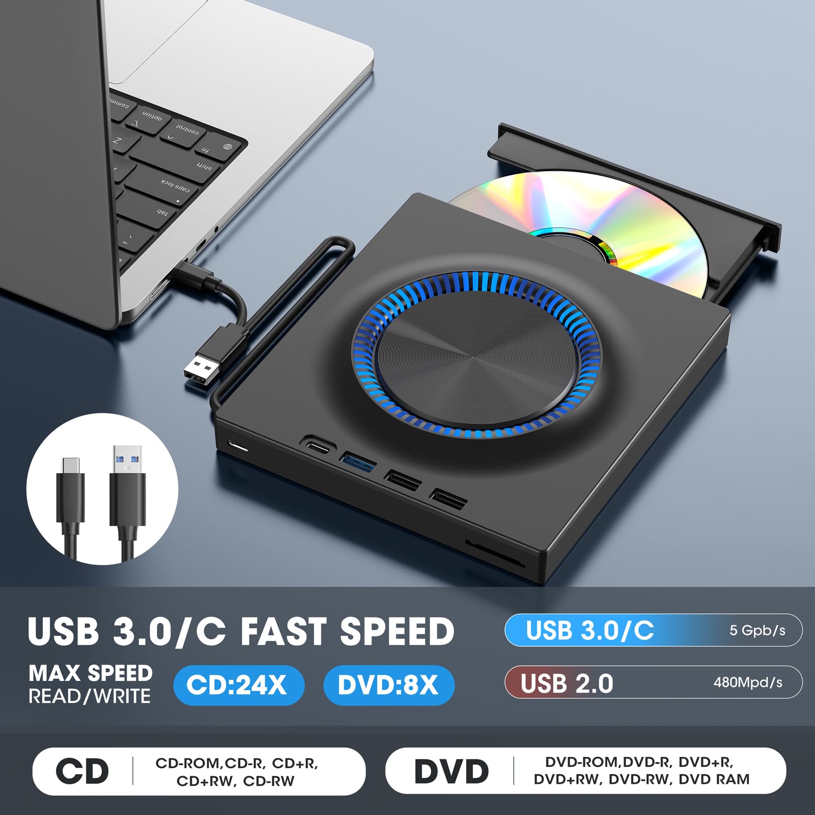 ROOFULL External DVD Drive with USB 3.0 & USB-C Hub - Portable CD/DVD Burner Player with SD Card Reader - Compatible with Mac, Windows 11/10/8/7, Linux PCs - Perfect for Laptop Data Backup, Movie Playback & File Transfer