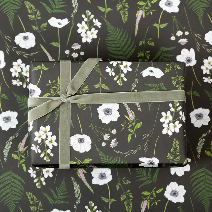 Premium Wild Meadow Black Gift Wrap Paper - Elegant & Durable for Birthday, Christmas, Wedding & Party Presents