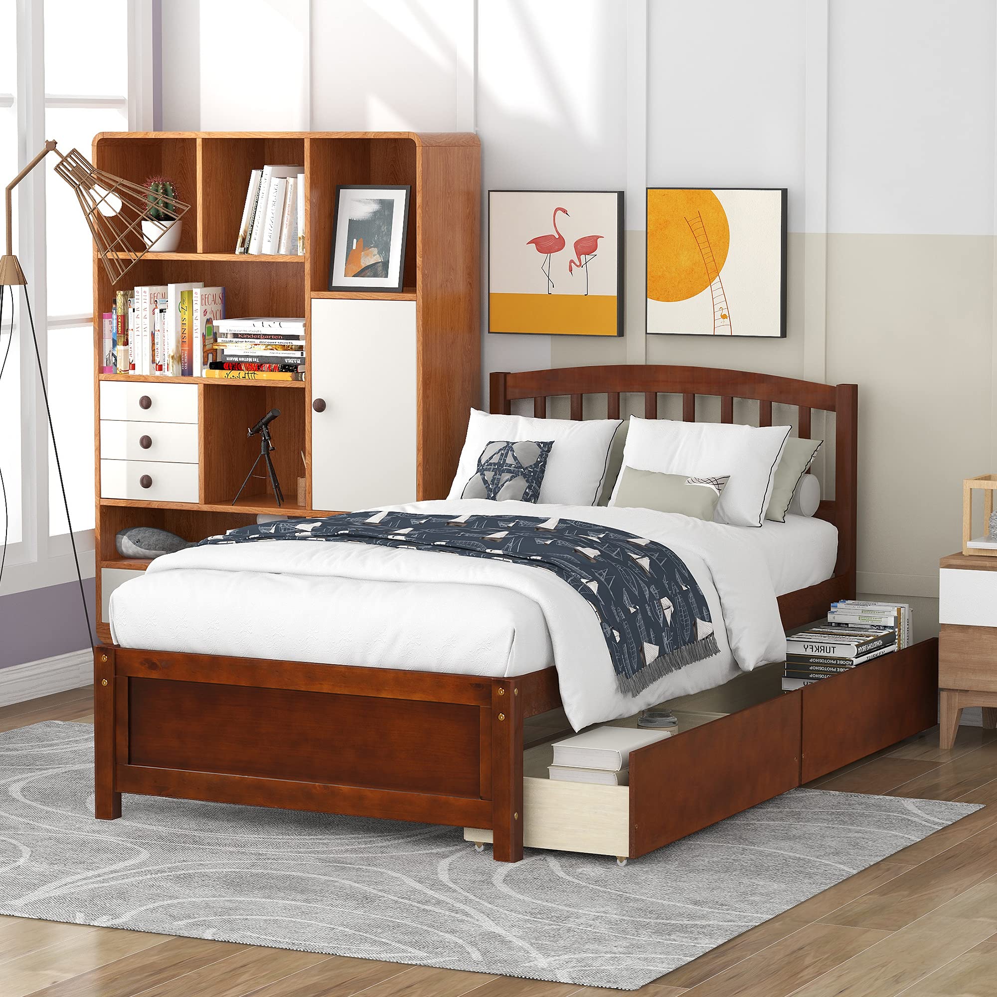 Harper & Bright Designs Twin Bed Frame with Storage Drawers - Solid Wood Platform Bed with Headboard, Walnut Finish - Perfect for Kids Room, Guest Bedroom & Small Spaces