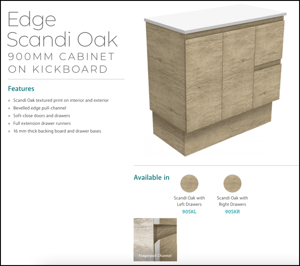 Fienza 900mm SC90SKL Crystal Pure Undermount Stone Top Vanity with Scandi Oak Edge & Left Drawers - Modern Bathroom Sink Cabinet for Small Spaces, Perfect for Apartments and Guest Bathrooms