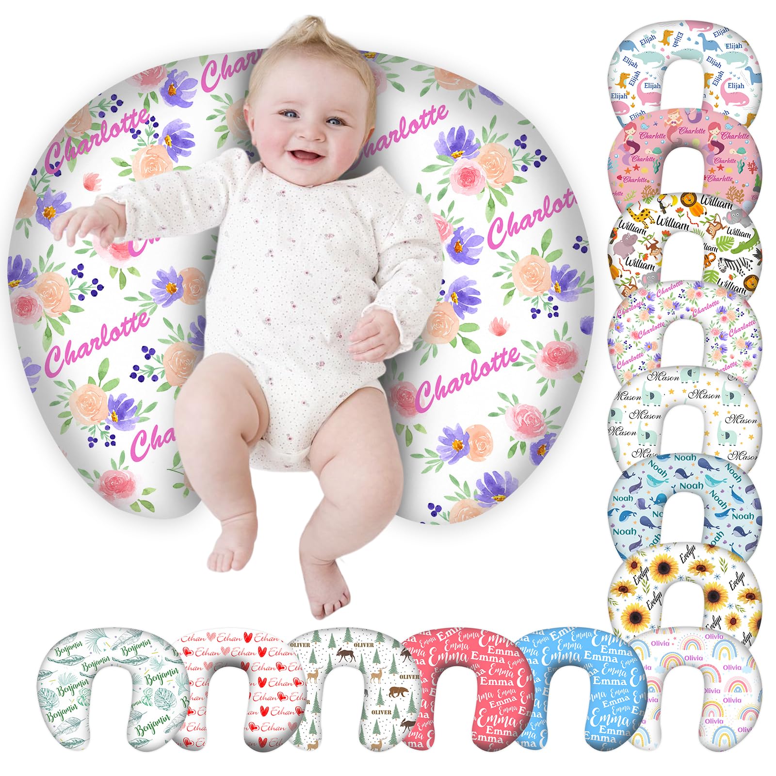 Personalized Baby Nursing Pillow Cover with Name - Floral Theme Custom Gift for Boys & Girls | Perfect Baby Shower, Newborn Gift & Breastfeeding Support