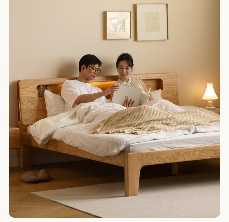 Solid Oak and Beech Wood Bed with Built-in LED Lights and Bookshelf - Modern Bedroom Furniture for Small Spaces, Lofts, and Studio Apartments