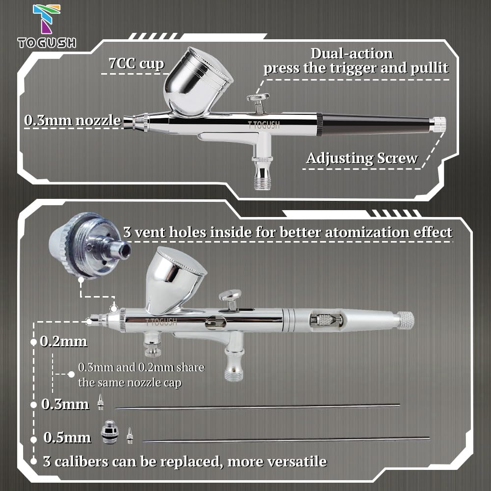Professional Airbrush Kit with Air Tank Compressor - Dual-Action Gravity Feed Airbrush Set (0.2mm, 0.3mm, 0.5mm Nozzles) with Cleaning Brushes - Perfect for Model Painting, Hobby Crafts, Cake Decorating & Automotive Art