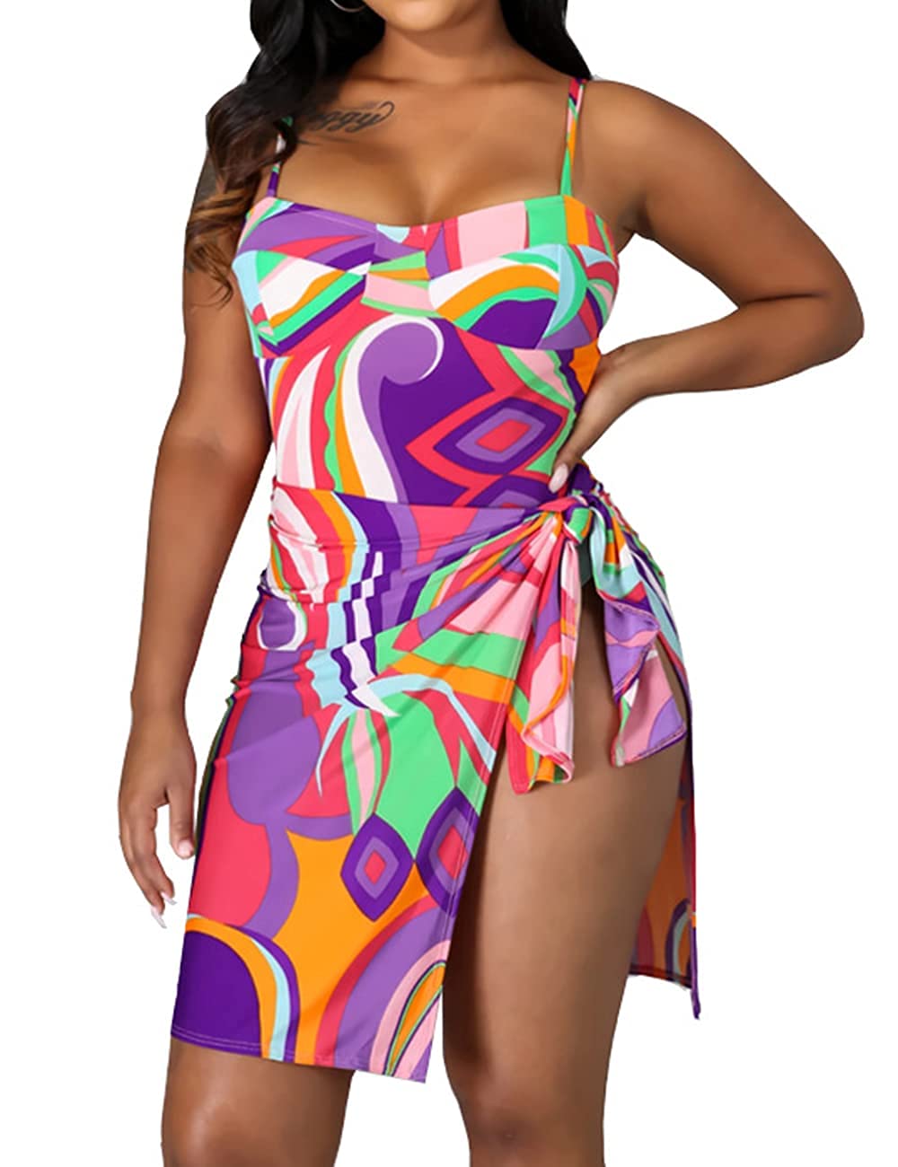 Women's One Piece Swimsuit - Geometric Color Block Bathing Suit with Cover Up - Perfect for Beach Vacation, Pool Party & Summer Travel