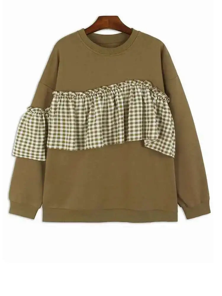 Black Plaid Ruffles Casual Sweatshirt for Women - Round Neck Long Sleeve Oversized Fashion Top - Spring & Autumn 2025 Trendy Loose Fit Blouse (Style 1DH7621) - Perfect for Casual Outings, Coffee Dates and Weekend Errands