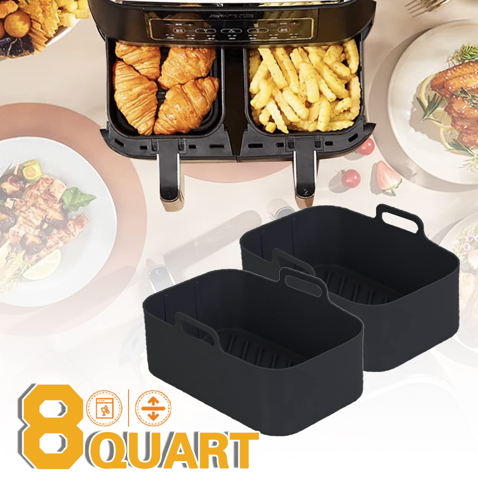 2PCS Air Fryer Silicone Pot Liners for Ninja Foodi Dual DZ201 - Reusable Non-Stick Rectangle Basket (8QT) - Black Air Fryer Accessories for Healthy Cooking & Easy Cleanup - Perfect for Roasting, Baking & Frying Vegetables, Chicken Wings & Snacks