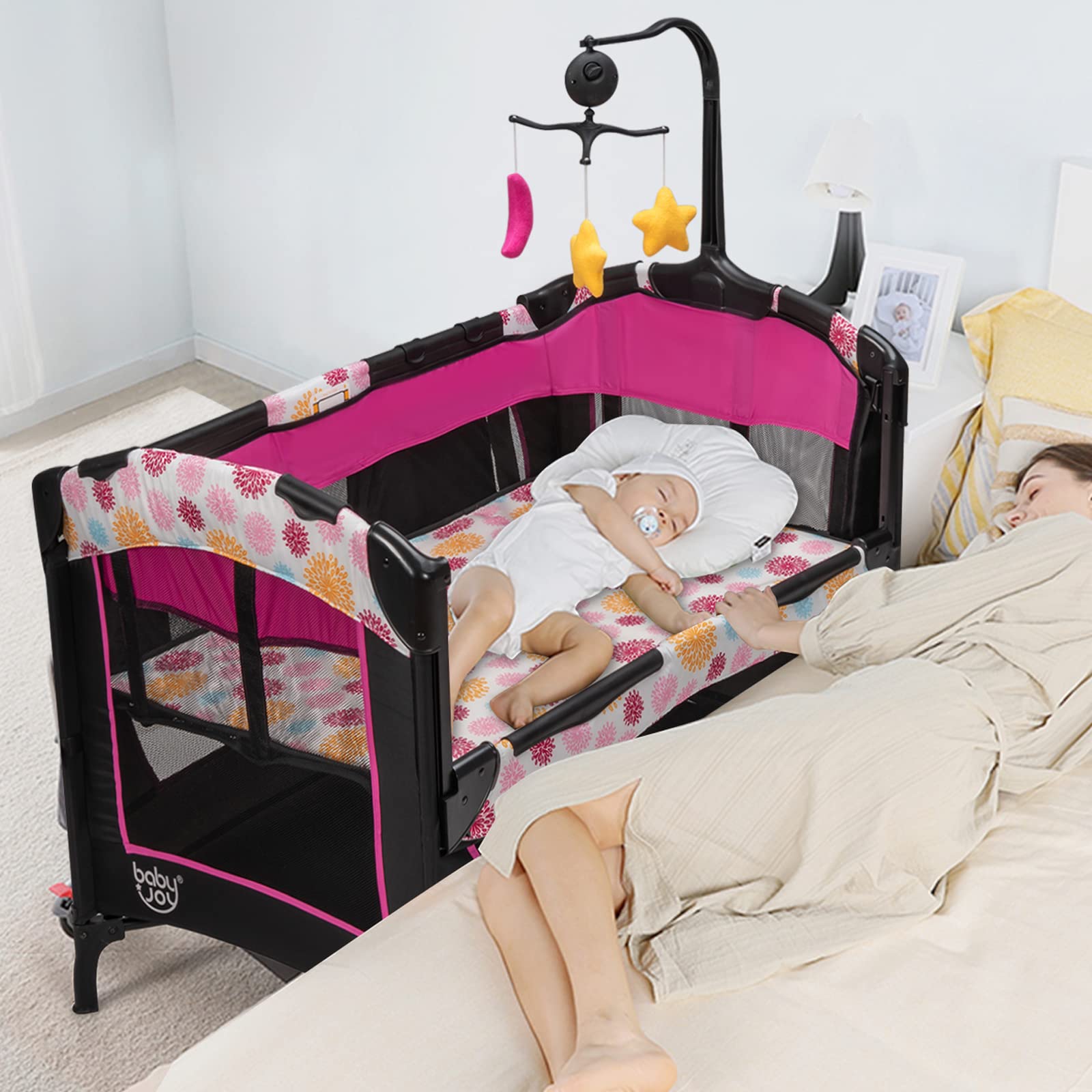 BABY JOY 4-in-1 Portable Playard with Bassinet & Changing Table - Adjustable Height Baby Bedside Sleeper with Music Box - Easy Fold & Carry for Newborn to Toddler - Perfect for Nursery, Travel & Co-Sleeping (Rose)