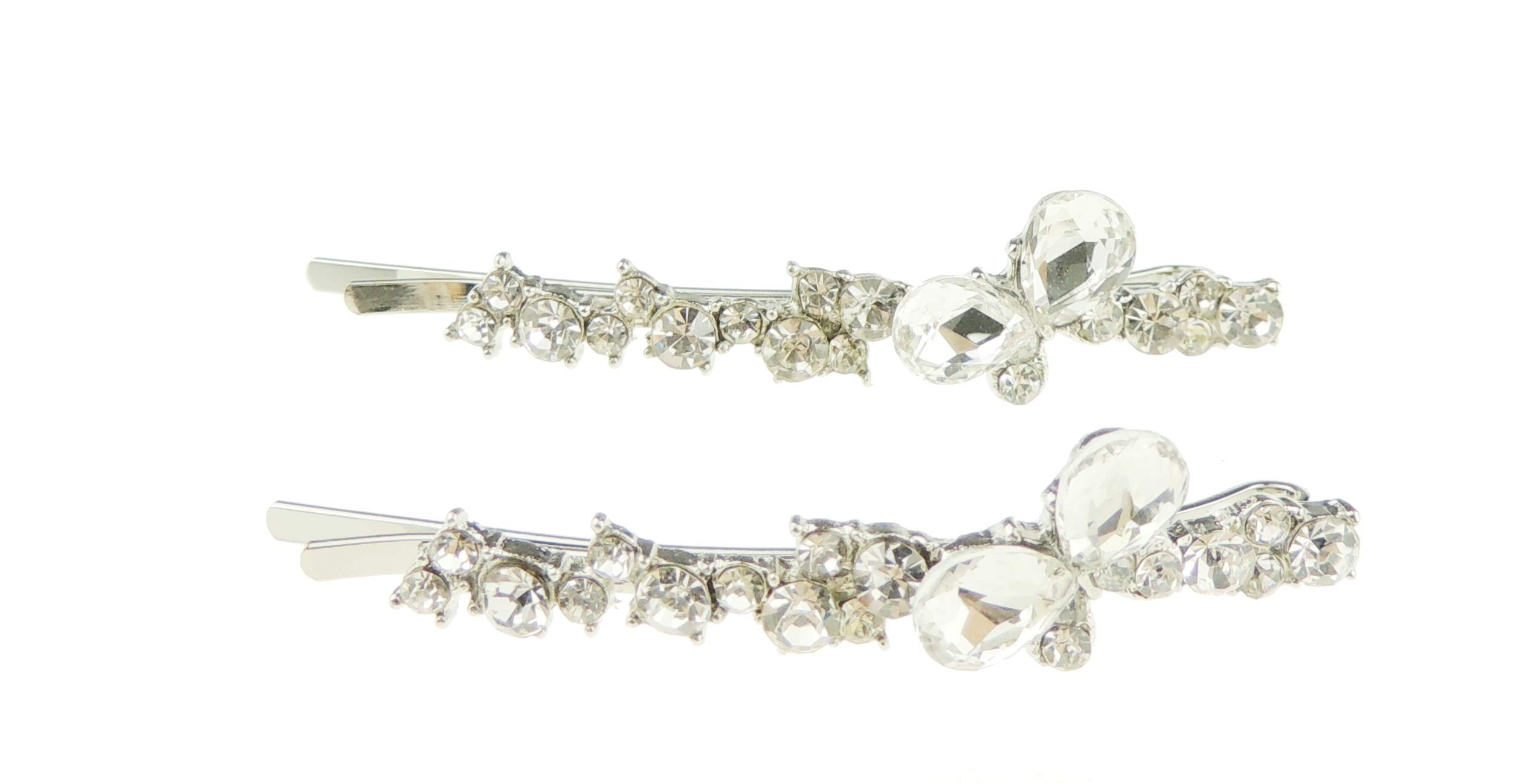 Sparkly Rhinestone Crystal Hair Clips for Women & Girls - Silver Tone Butterfly Bobby Pins Set of 2 - Perfect for Parties, Weddings, Birthdays & Christmas Accessories